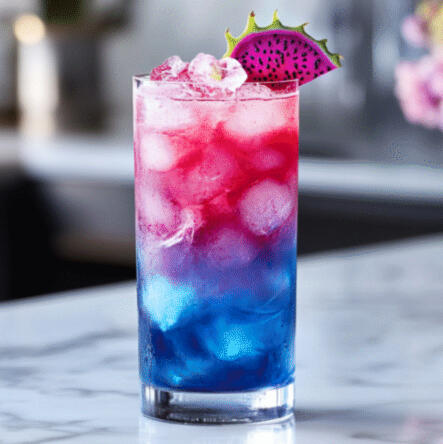 ❻⤴ Blue bottom layer (curaçao) and red top layer (grenadine), joined by a translucent layer of sweet sake.