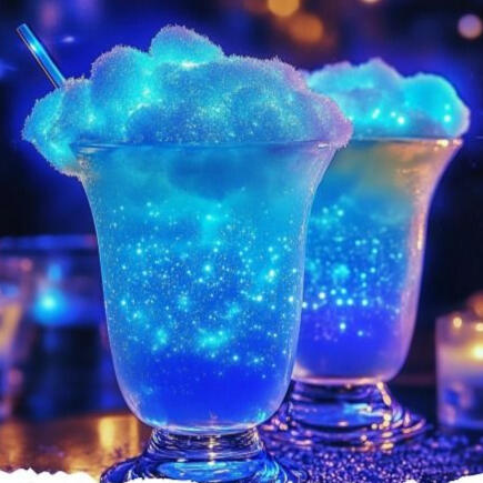 ❽⤴ White rum, blue curaçao and a dash of lime juice, served over a mountain of crushed ice that sparkles like crystals in the light.