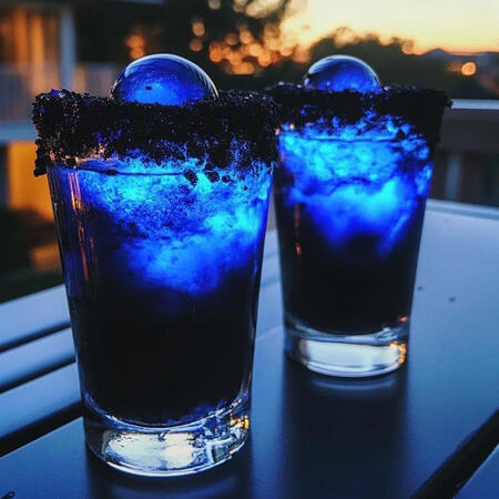 ❹⤴ A blend of dark rum, blackberry liqueur and a touch of absinthe. Decorated with a translucent ice sphere and navy blue glitter.